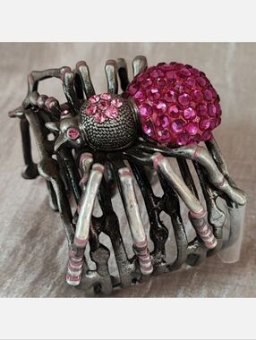 Halloween Spider Cuff Bracelet Pewter Swarovski Elements Dark Rose Dark Pink NEW